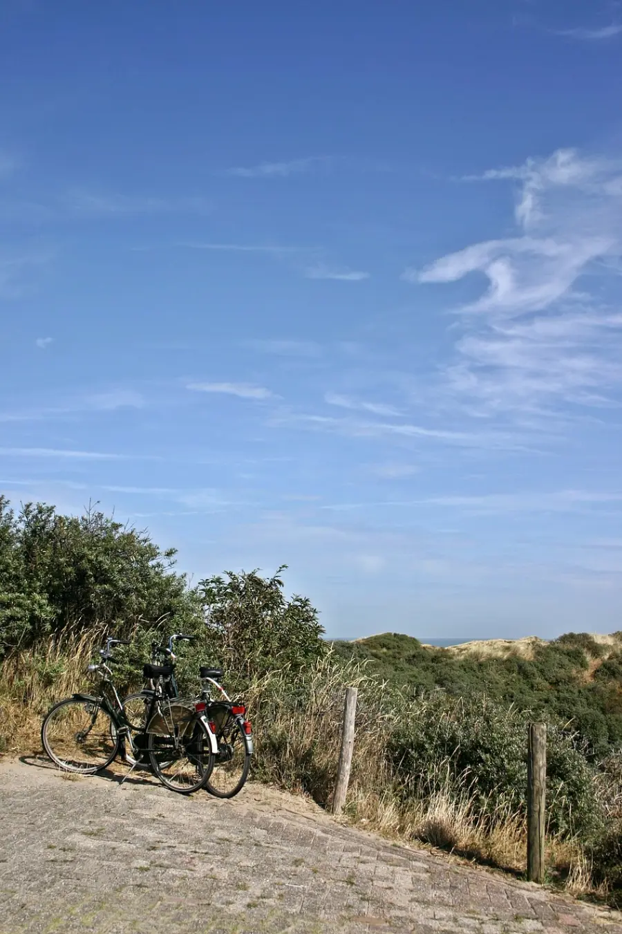 Two bicycles parked on a pathway with a backdrop of sand dunes and green shrubs under a clear blue sky, capturing the essence of a cycling adventure on Murter Island