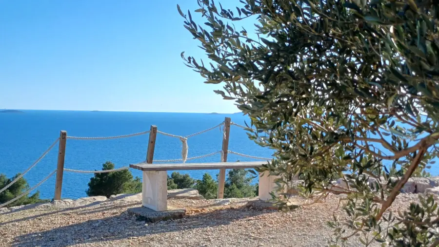 Aussichtspunkt am Meer mit einem einfachen Holzgeländer und einer von Olivenbaumzweigen eingerahmten Bank mit Blick auf die ruhige Adria auf der Insel Murter.